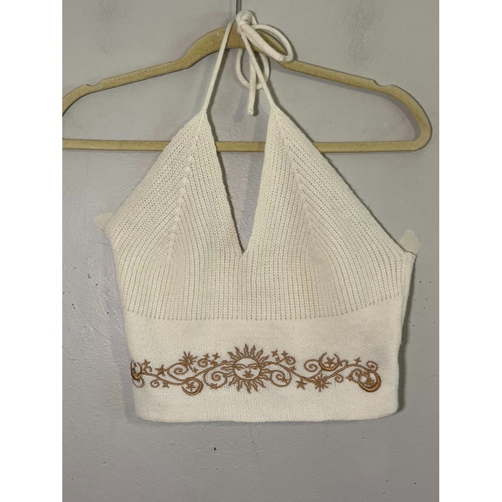 Celestrial Embroidery Halter Knit Sweater Crop M Boho Indie Festival Y2K Concert